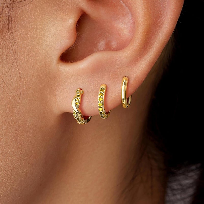 Inerney 14K Gold Plated Huggie Hoop Earrings for Women, Small Sterling Silver Earring Set Hypoallergenic Cartilage Helix Stacks, Mini Dainty Cute Trendy Birthstone Jewelry Gift for Multiple Piercings - Image 3